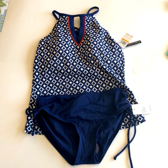 NWT Jantzen Sport Tankini Navy White High Neck Sz Small - Picture 2 of 14